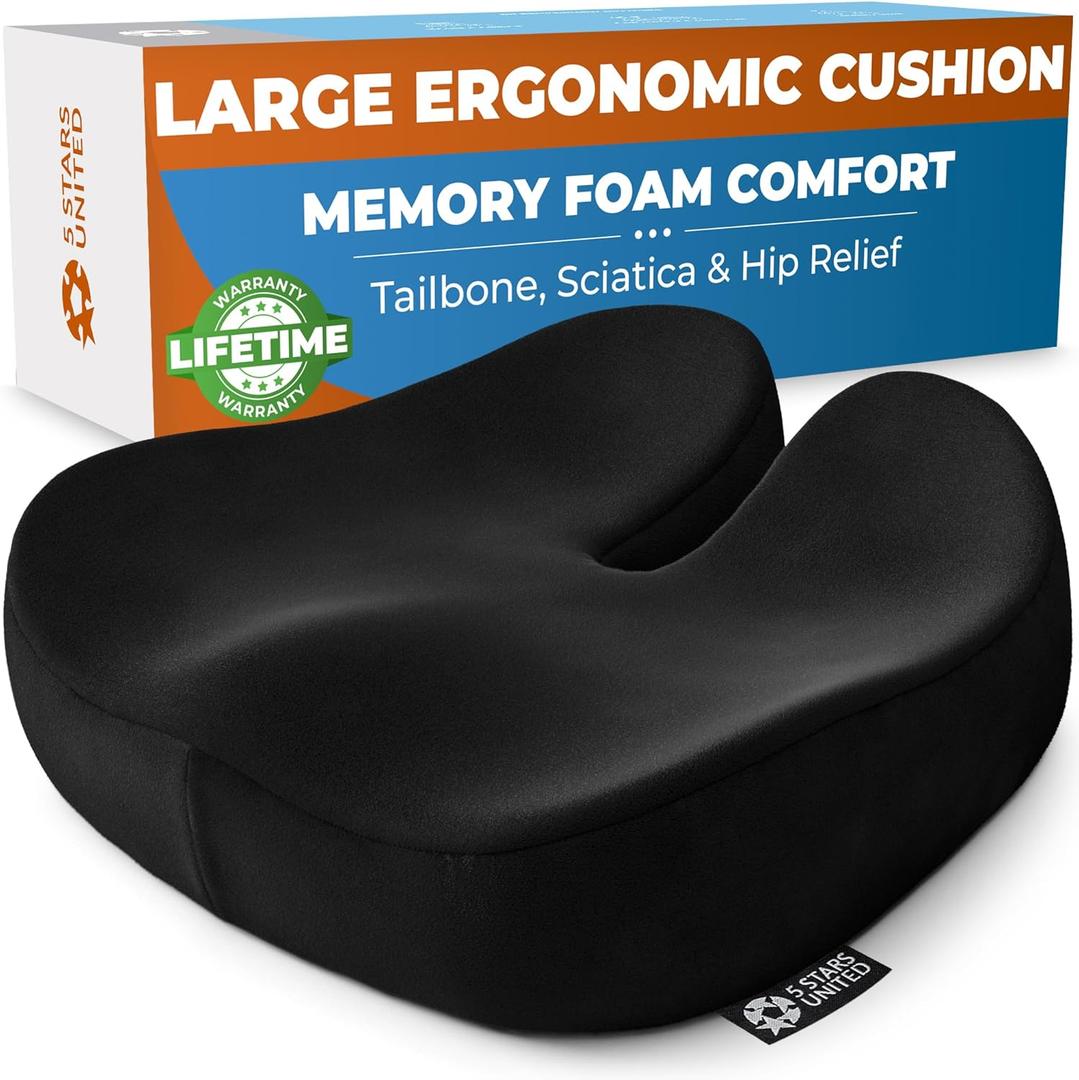 5 STARS UNITED Seat Cushion for Tailbone Pain Relief  Large Memory Foam Lifting Pillow for Coccyx, Hip, Sciatica & Post-Surgery Recovery  Wheelchair, Car, Desk, Gaming & Office Chairs, Black