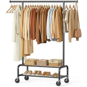 Clothes Rack for Hanging Clothes, Portable Clothing Rack with Wheels Sturdy Garment Organizer Metal Portable Wardrobe Closet with Double Shelves for Bedroom Laundry Living Room, Black