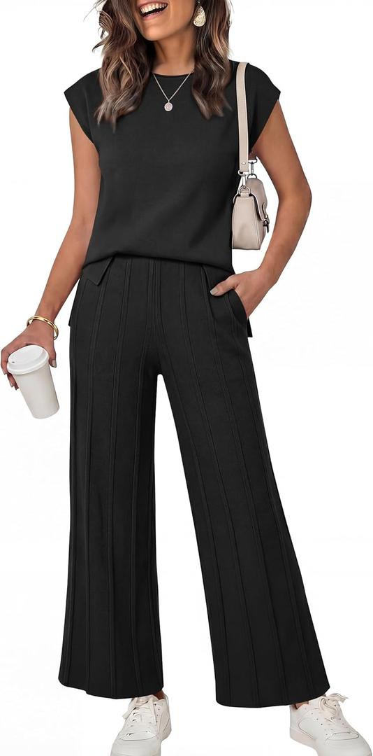 ANRABESS Women 2 Piece Lounge Sets Summer Casual Knit Sweater Vest Pant Set Beach Vacation Clothes 2026 Airport Outfits (Large, Black)