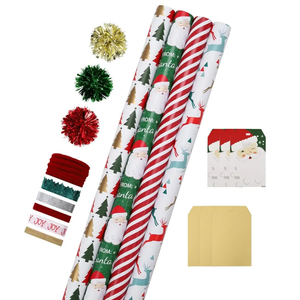 LaRibbons Christmas Wrapping Paper Sets, Reindeer & Santa & Candy Cane Stripes Design with Ribbons & Gift Tags & Metallic Pom Pom for Christmas, Holiday, 30Inch × 10Feet（ 4 Rolls: 100 Sq.Ft.Ttl）