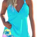 ROSEWE Womens Tankini Bathing Suits, Two-Piece Smocked Swim Dress, Print Swimsuits with Board Shorts (Blue, XL)