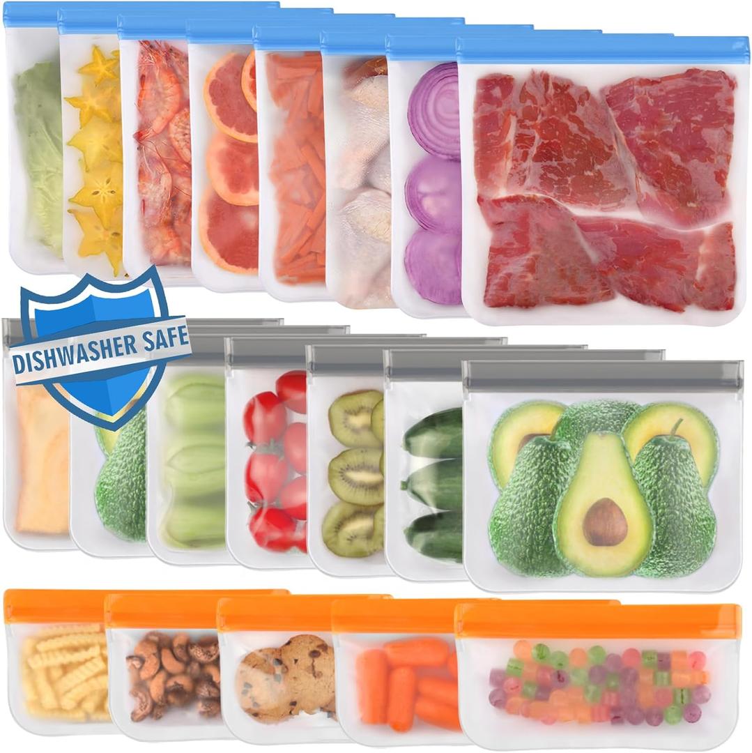 Lerine 20 Pack Reusable Bags Silicone Dishwasher Safe, Extra Thick Leakproof Reusable Freezer Bags, BPA Free Food Storage Bags for Lunch Meat Veggies (Multicolor, 8 Gallon 7 Sandwich 5 Snack)