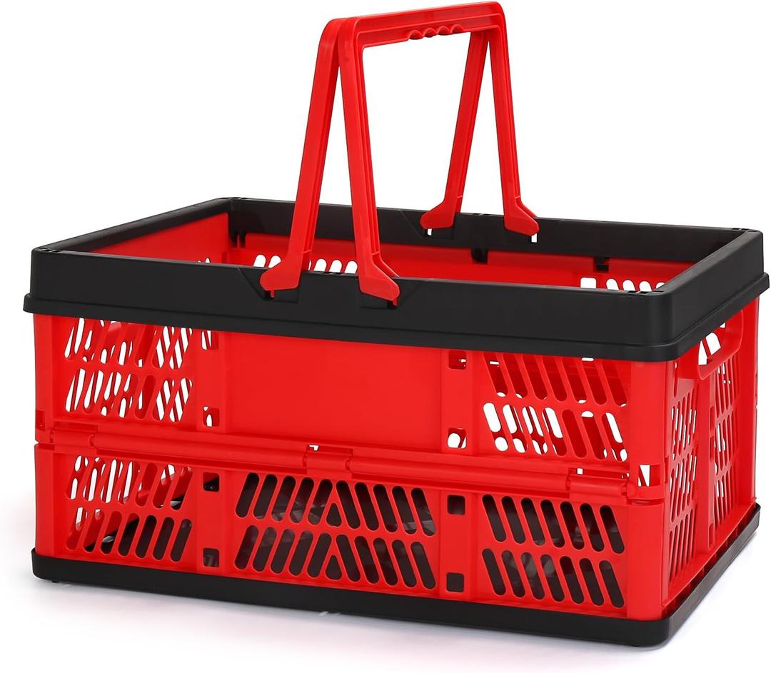 Plastic Storage Crate, Collapsible Crate for Storage Stacking Folding Storage Basket, Collapsible Shopping Basket,Car Storage Basket, Milk Crate with Handles for Kitchen, Bathroom, 20L (Red)