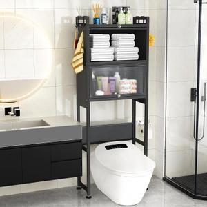 ZZL Over The Toilet Storage Cabinet,3-Tier,Bathroom Toilet Organizer,Waterproof, Cabinet Door Design,Freestanding Space Saver with 4 Hooks for Bathroom,Black ZZL Over The Toilet Storage Cabinet,3-Tier,Bathroom Toilet Organizer,Waterproof, Cabinet Door Design,Freestanding Space Saver with 4 Hooks for Bathroom,Black