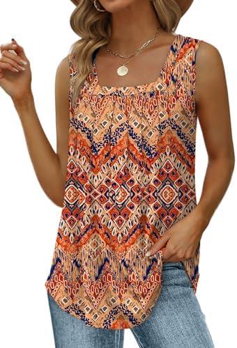 Saloogoe Summer Tank Tops for Women Loose Fit Pleated Square Neck Sleeveless Tops Curved Hem Flowy, Size XXL