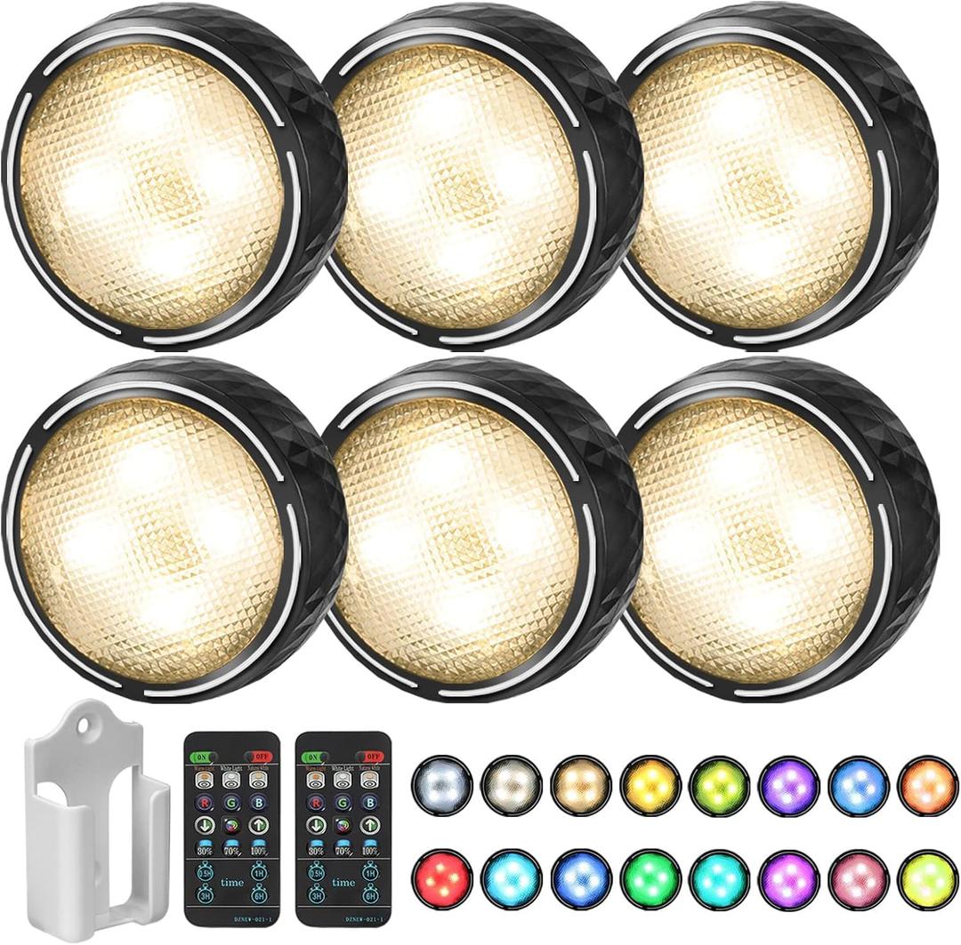 LED Puck Lights with Remote Battery Operated Under Cabinet Lighting Wireless Stick on Lights Color Changing Timer Tap Lights for Cabinets Shelves Closets Display Case - 6Pack Black