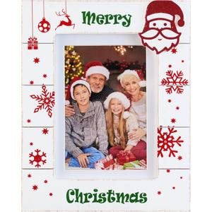5x7 Merry Christmas Picture Frame, Holds 5x7 Photo or 4x6 with Mat, Wood Photo Frame for Wall & Tabletop Display, Santa Snowflake Reindeer Crystalball Gift Decor, Whitewashed