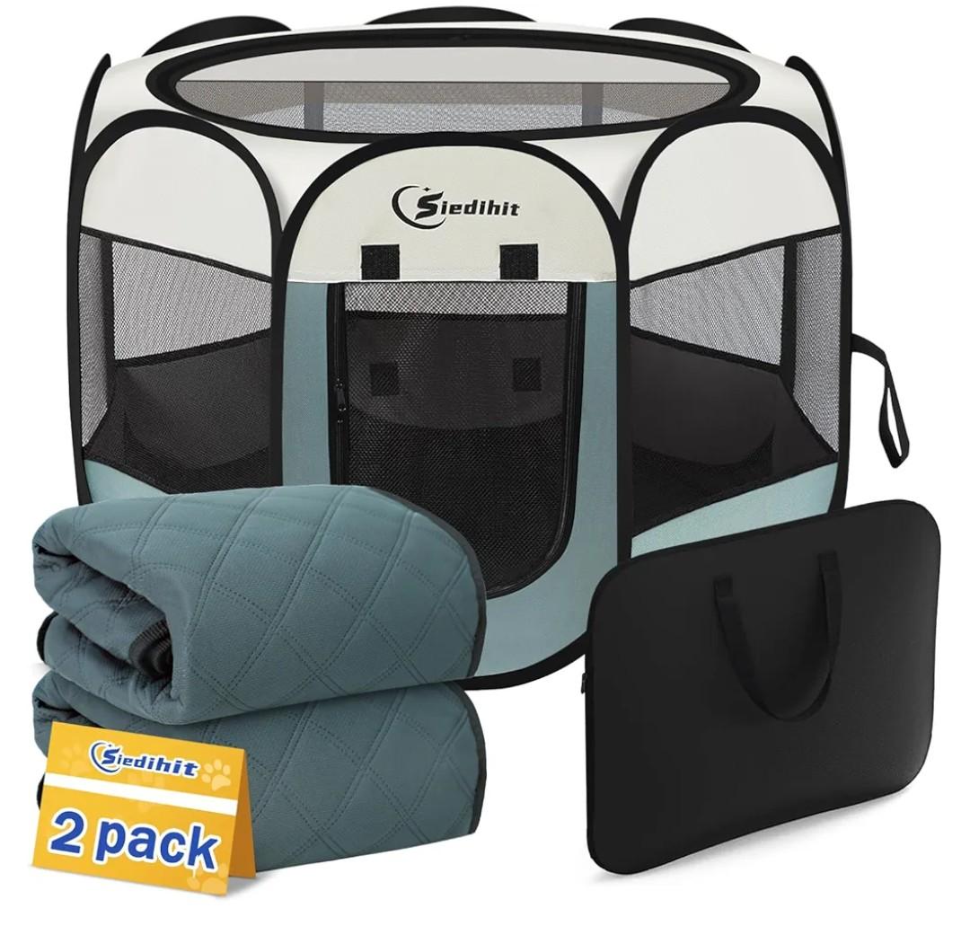 Dog Playpen with 2 Washable Pee Pad, Puppy Pet Cat Playpen Small AnimalsTent Crate Indoor/Outdoor, Portable Pop Up Kennel with Carrying Case(Grey with 2 Pads, Small)