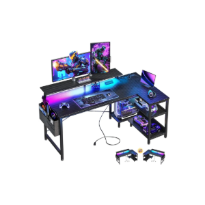 ODK 48 Inch Gaming Desk with USB Charging Ports and LED Lights, Reversible L Shaped Computer Desk with Storage Shelves & Monitor Stand, Corner Gamer Desk Table with Power Outlets, Black