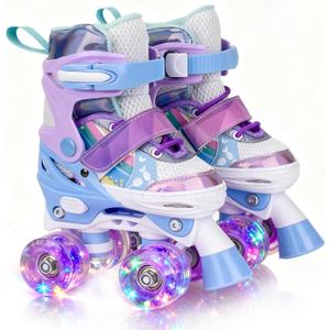 Roller Skates for Kids Ages 5 6 8 12 Year Old 4 Size Adjustable Quad Roller Skates for Girls Boys Toddler with Light Up Wheels Best Children Gift for Beginners Indoor Outdoor Sports (Small - Little Kid, Purple)