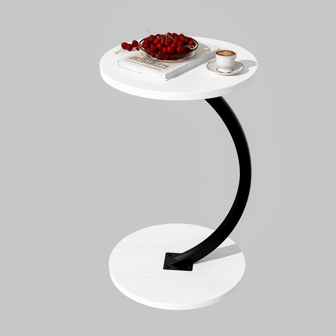 Round Side Table, C Shaped End Table for Couch, Sofa and Bed, Mid Century Modern Small Bedside Table Nightstand for Living Room, Bedroom, Corners and Office(White)