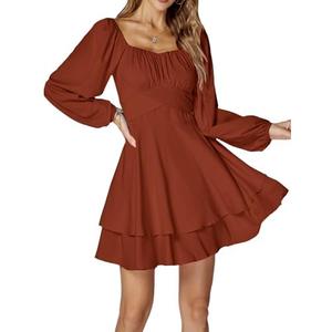 LYANER Women's Lantern Long Sleeve Wrap Tie Back Square Neck Double Layer Ruffle Hem A Line Short Mini Dress. Size Medium
