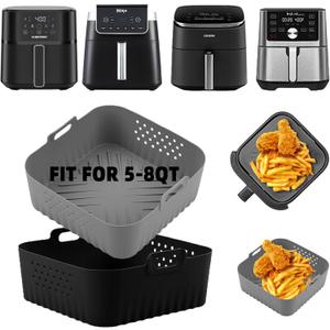 LYHOLKEER Air Fryer Silicone Liners for COSORI Air Fryer 9-in-1 5QT 5.8QT 6QT 6.8QT,2 Pcs Reusable Square Airfryer Liners for Ninja/Instant Pot Vortex Plus/Paris Hilton/Chefman/Cuisinart/Gourmia 6QT (Grey+Black)