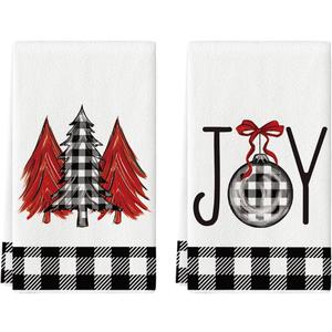 Artoid Mode Black White Buffalo Plaid Xmas Trees Joy Christmas Kitchen Towels Dish Towels, 18x26 Inch Seasonal Winter Decoration Hand Towels Set of 2