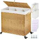 Greenstell Laundry Hamper with Wheels&Lid, 130L Large 3 Sections Clothes Hamper with 2 Types Removable Liner Bags, 5 Mesh Laundry Bags, Handwoven Divided Laundry Basket for Clothes, Natural