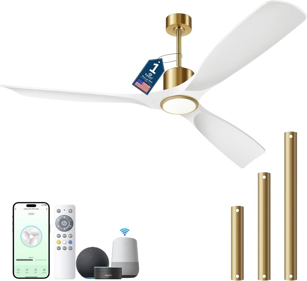 60 Inch Modern White and Gold Ceiling Fan with Lights, 3 Blade, Energy Efficient DC Motor, Smart App & Remote Control, 7230 CFM, 6 Speeds, 3 Light Colors, Indoor/Outdoor