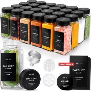 Glass Spice Jars with Labels (24 x 4oz) Spice Containers with 240 Labels, Shaker Inserts, Funnel, Empty Square Empty Square Seasoning Organizer (Black Lids)