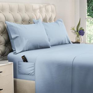 DREAMCARE California King Sheet Sets 4 pcs Cooling Sheets up to 21 Deep Cal King Sheets Hotel Luxury Pillowcases Superior Softness 100% Fine Microfiber with Side Pocket Light Blue, California King - Extra Deep
