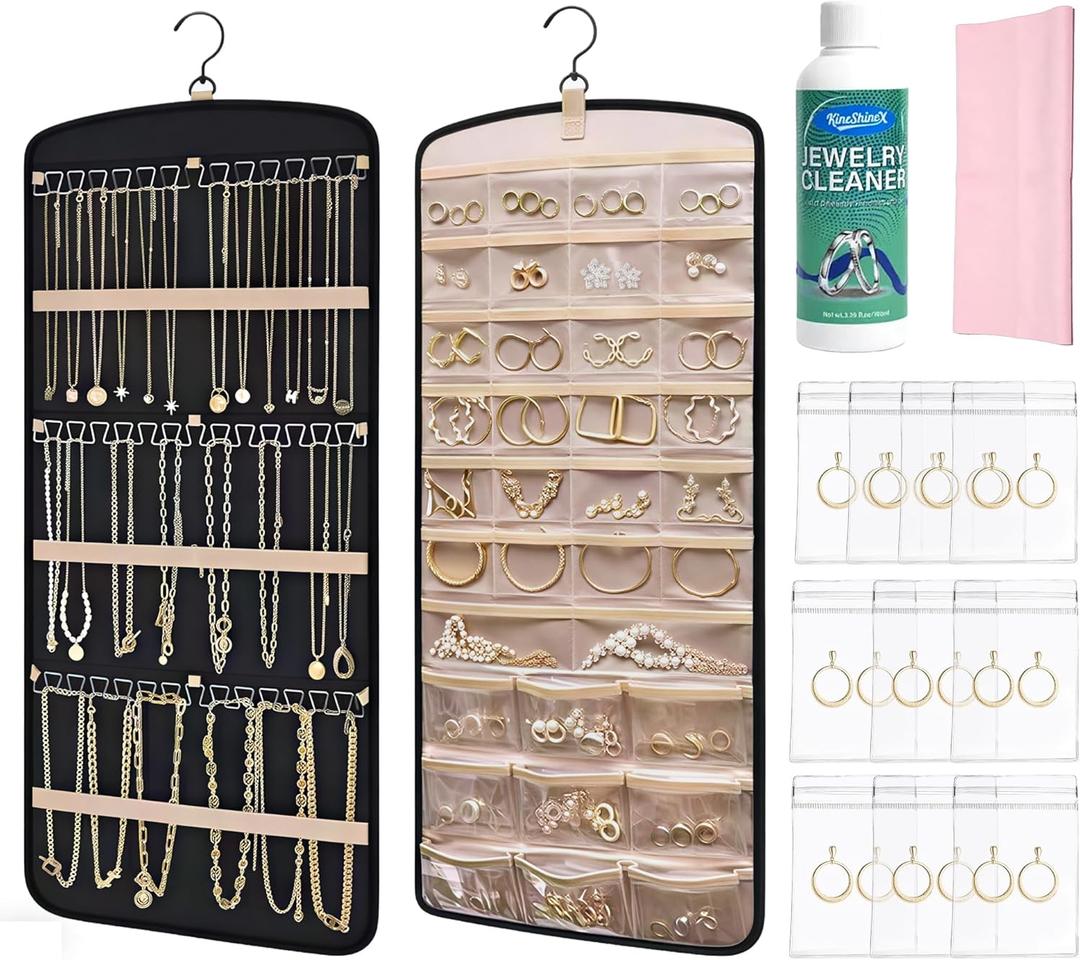 Hanging Jewelry Organizer & Cleaning Kit - Storage Bag with Metal Hooks, Double-Sided Jewelry Rack, Cleaning Solution, Polishing Cloth, Anti-Tarnish Bags Fits Necklaces, Rings on Closet, Wall, Door, Black