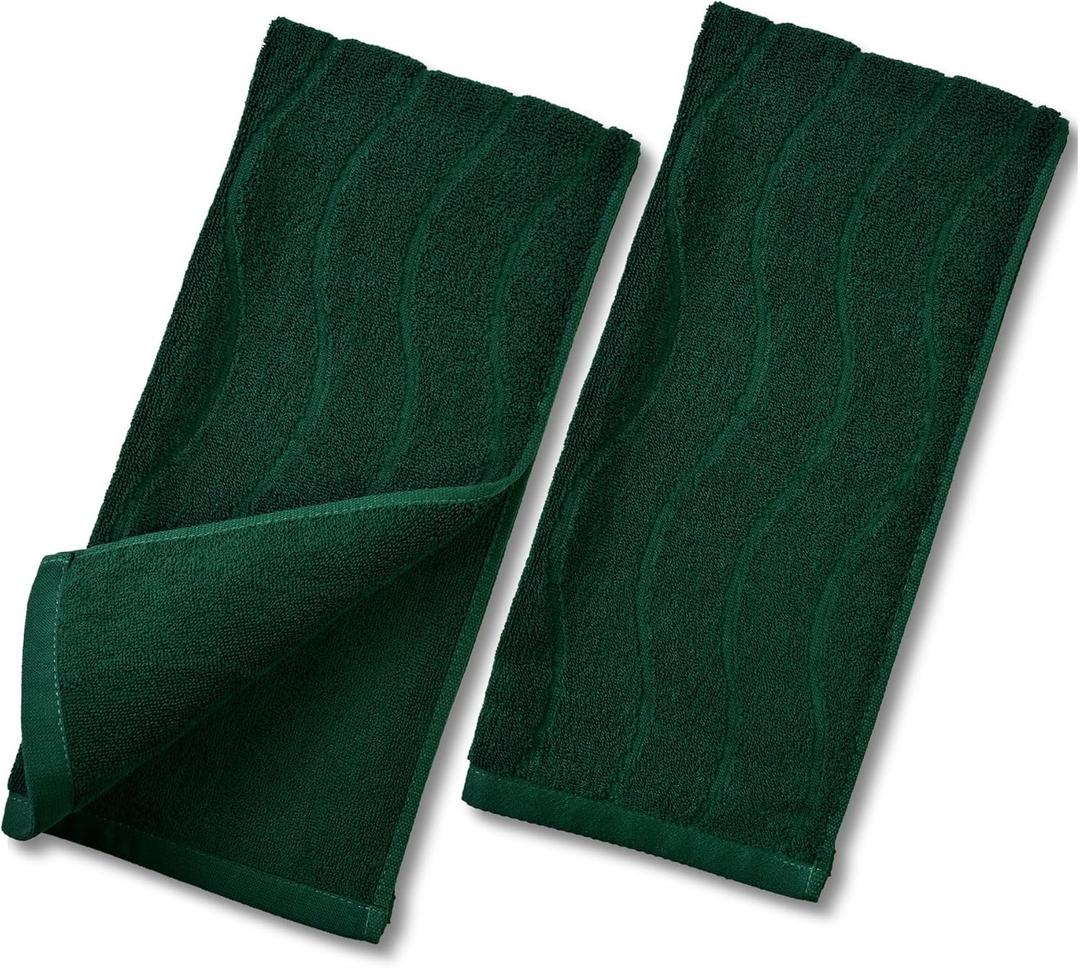 Jacquotha 2-Piece Hand Towels Set in Forest Green, Wavy Striped Jacquard Towels for Bathroom Kitchen Gifts (13x29 Inches, 100% Cotton)
