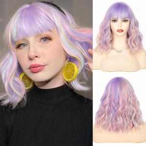 NAYOO Colorful Bob Wig with Bangs, 14 Inch Short Wig for Women, Shoulder Length Wavy Bob Wig with Bangs, Glueless Wig for Women, Girls' Halloween Wig Costume