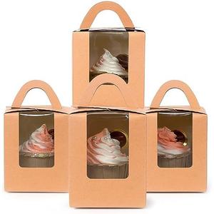 qiqee 100pcs Cupcake Containers Individual Brown Cupcake Holders Disposable Kraft Single Cupcake Boxes with Window 3.7" 3.7"*4.5" Cupcake Boxes