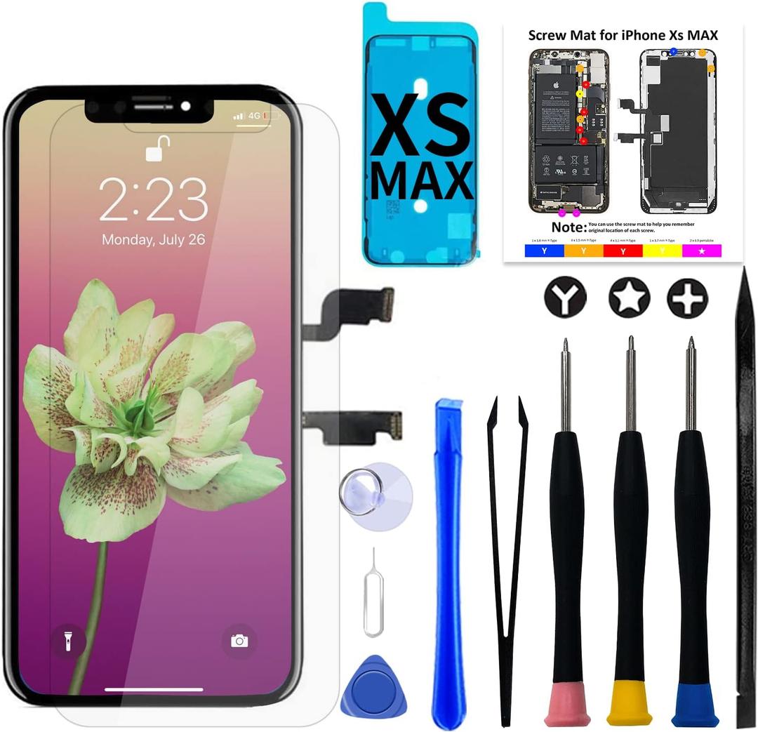 Brinonac for iPhone Xs Max LCD Screen Replacement Kit,6.5 inch Full HD Retina LCD Touch Display Digitizer with Repair Tools,Adhesive and Tempered Glass (Black)