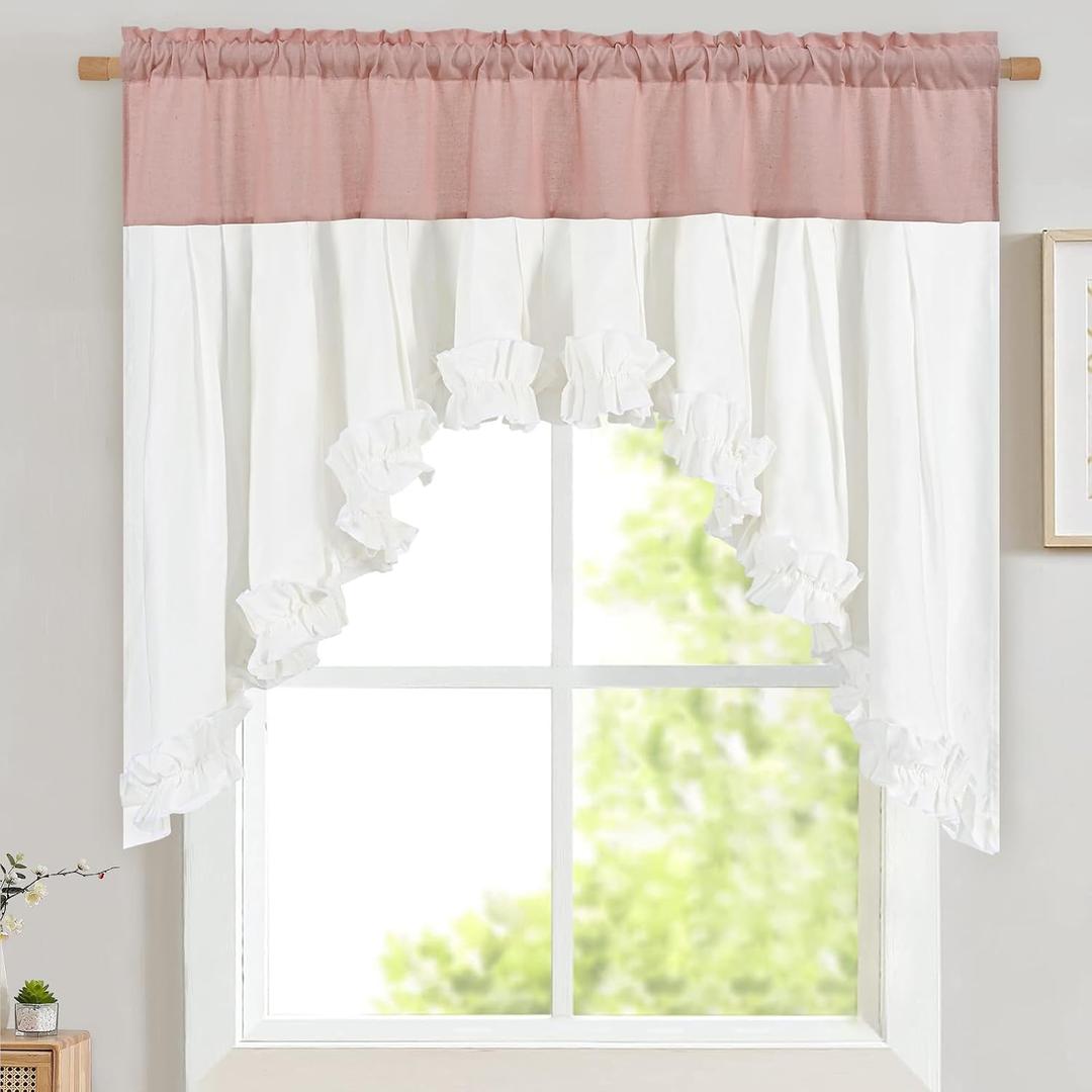 Likiyol Linen Valances for Windows Farmhouse Ruffle Swag Valance Rustic Country Window Valances Light Filtering Kitchen Curtains Rod Pocket Valance Curtains for Bathroom Cafe, Pink White, 60"W x 36"L
