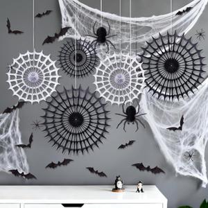 SUNBEAUTY Halloween Decor Indoor, Spider Webs & Bats Wall Stickers, Paper Fans, Reusable Halloween Party Decor
