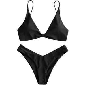 ZAFUL Women's Textured Knotted Cheeky Cami Bikini Set Two Piece Swimsuit (1-Black, S)