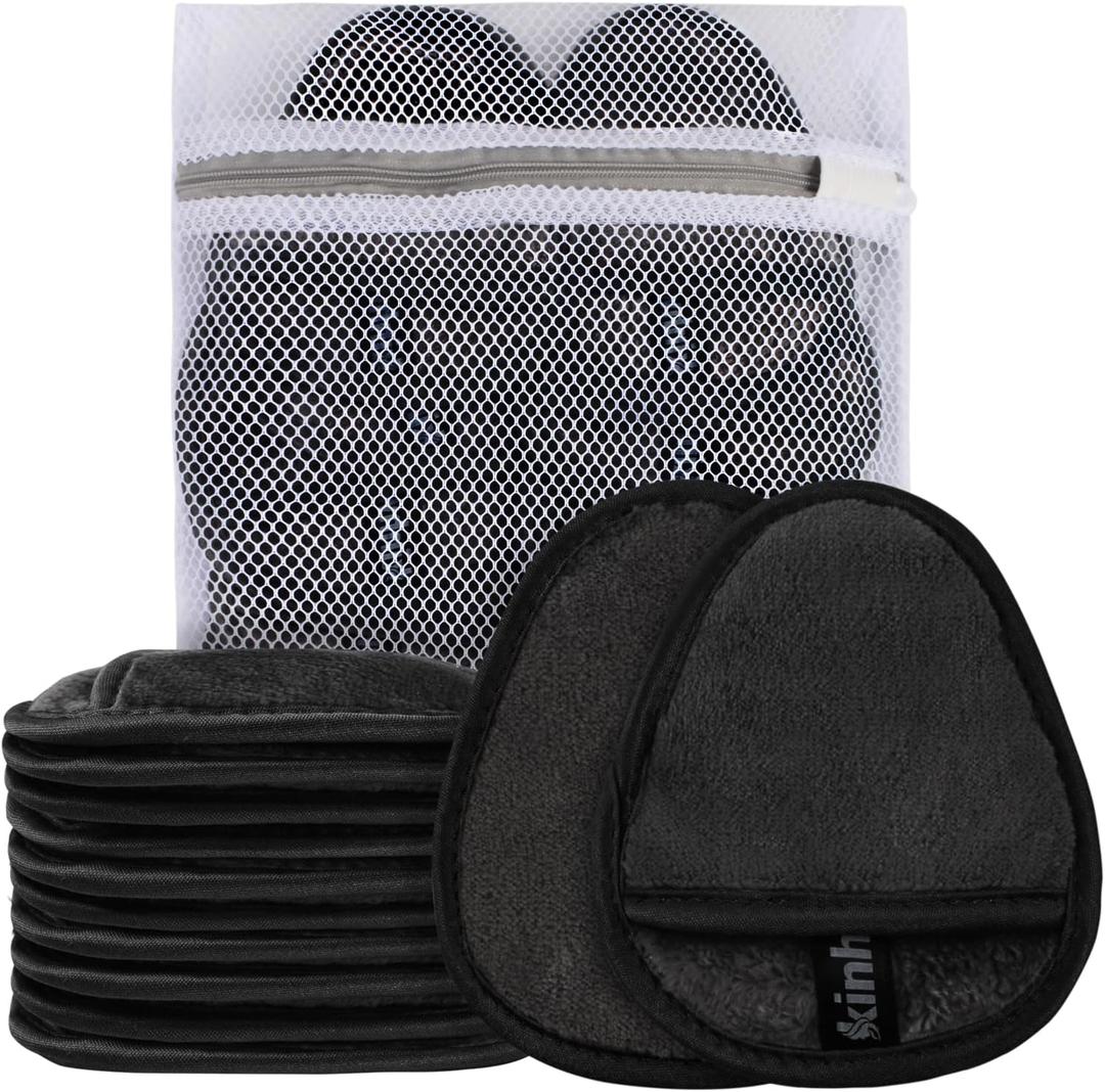 KinHwa Makeup Remover Pads Reusable Washable Microfiber Face Pads Super Soft Makeup Remover Pads with Laundry Bag Black 12 Pcs