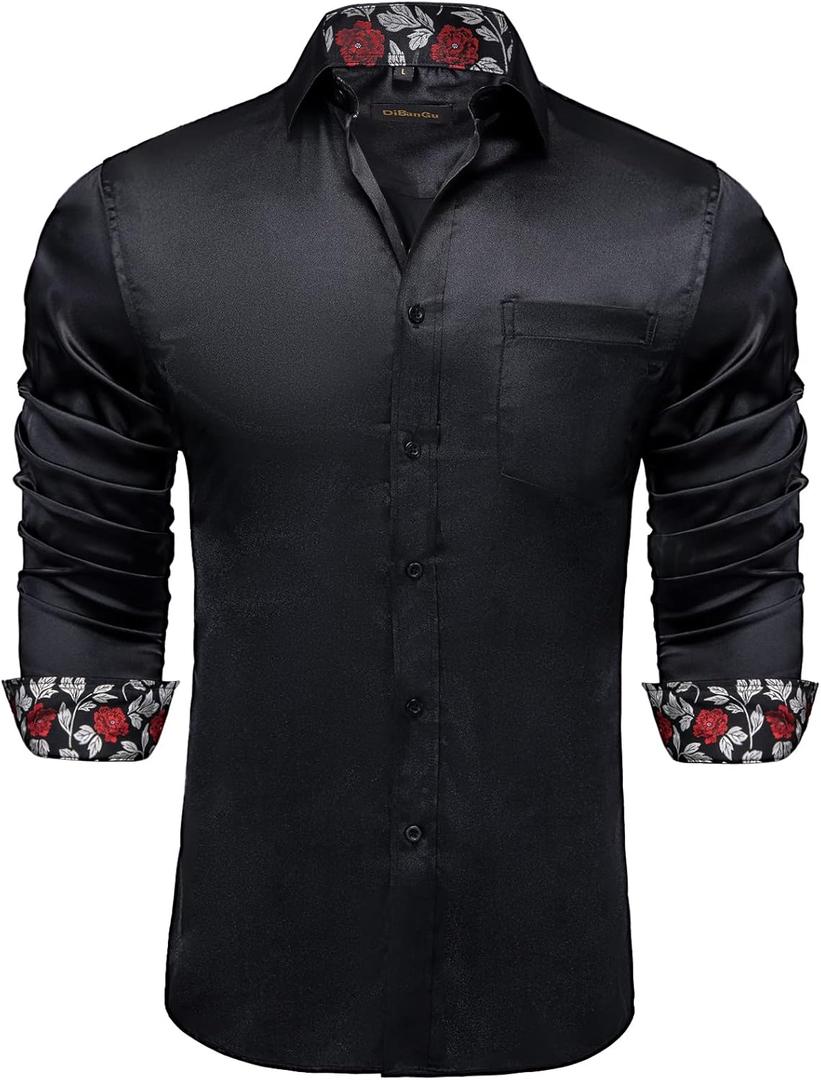DiBanGu Mens Satin Dress Shirts Casual Long Sleeve Button Down Shirt Regular Fit Wrinkle Free Shiny Shirts for Men Party Prom (Small, Black)