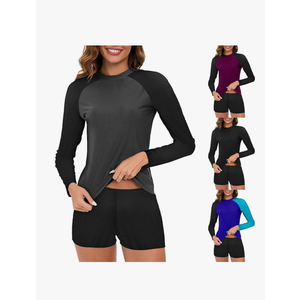 Womens Long Sleeve Rash Guard Shirts with Swim Shorts Modest Swimwear Two Piece Athletic Swimsuit Surfing Bathing Suits Size L