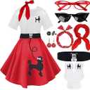 10Pcs Sock Hop Outfits Costume Women, 1950s Poodle Skirts, Poodle T-Shirt with 50s Accessories Set Scarf Headband Belt Socks Eyeglasses Earrings Red XL
