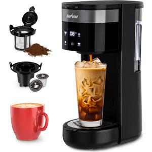 Sunvivi Iced Coffee Maker, Single Serve Coffee Maker with 3 Brewing Options for K Cup Pod or Ground Coffee, 30oz Removable Water Reservoir & Reusable Filter, Ideal for Home & Office, Black (Touch Screen)