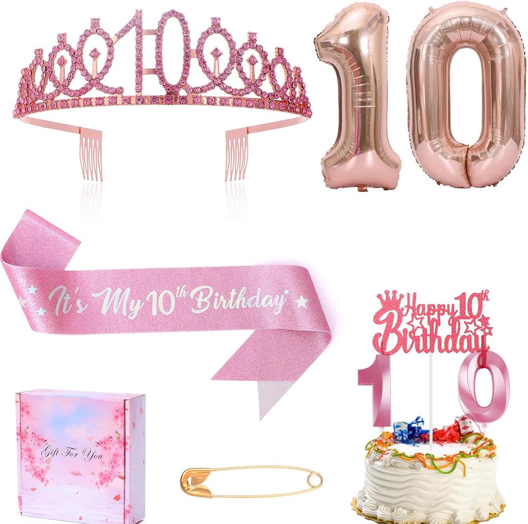 10th Birthday Candle Sash and Tiara,It's My 10th Birthday Sash Rhinestone Crown Happy Birthday Cake Topper Foil 10 Balloon for Girls Birthday Gift Party Decorations Supplies (Rose 10th)