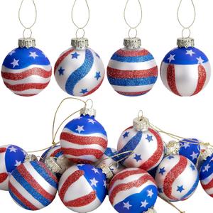 12pcs Memorial Day Ball Glass Ornaments, 1.57 Inch Independence Day Hanging Glass Balls July 4th American Flag Ball Tree Decorations (Americana Balls 12Pcs)