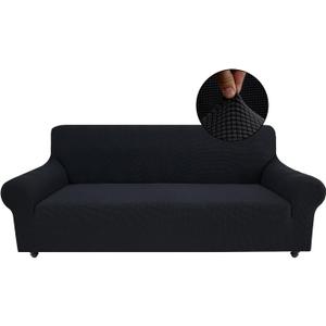 Stretch Sofa Slipcover for 3 Cushion Couch, Washable Pet Friendly Furniture Protector with Non Slip Elastic Bottom for Dogs,Kids,Jacquard Fabric Small Checks (Large,Black)