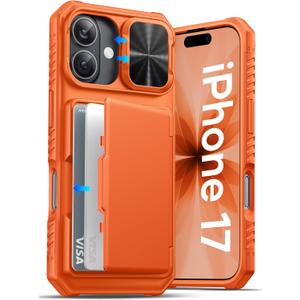 ATATOO for iPhone 17 Case with Card Holder (Store 3-5 Cards) & [RFID Blocking] & Slide Camera Cover, Military Grade Protection, Rugged Protective Wallet Case Cover for iPhone 17 6.3" 2025, Orange