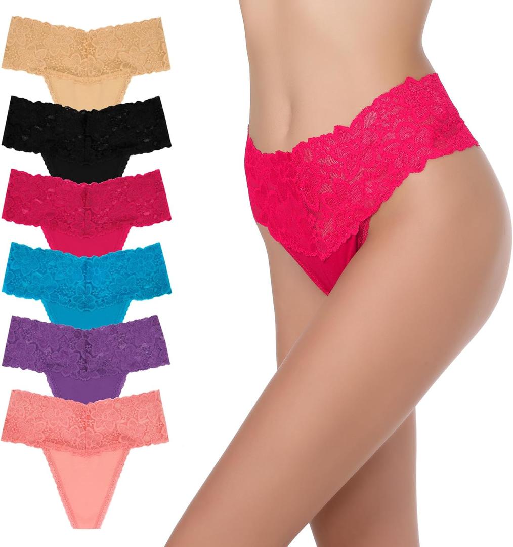 High Waisted Thong Underwear Tummy Control Panties Cotton Lace Thongs Size (3X-Large, 6 Pack Light)