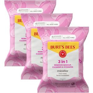 Burts Bees Micellar Rose Water Facial Towelettes, 100% Plant Based Cloth; 99% Natural Origin; Remove Makeup, Cleanse, Hydrate; No Oily Residue; All Skin Types; 30 Ct, Pack of 3