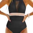 Tempt Me Women One Piece Swimsuit High Neck Plunge Ruched Tummy Control Bathing Suit (Black, L)