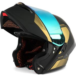 Orthrus Modular LED Full Face Motorcycle Helmet - DOT Approved Flip-Up Dual Visor Sun Shield & Bluetooth Ready for Adults Men Women - Street Bike/Motocross (Dobermann Gold, XL)