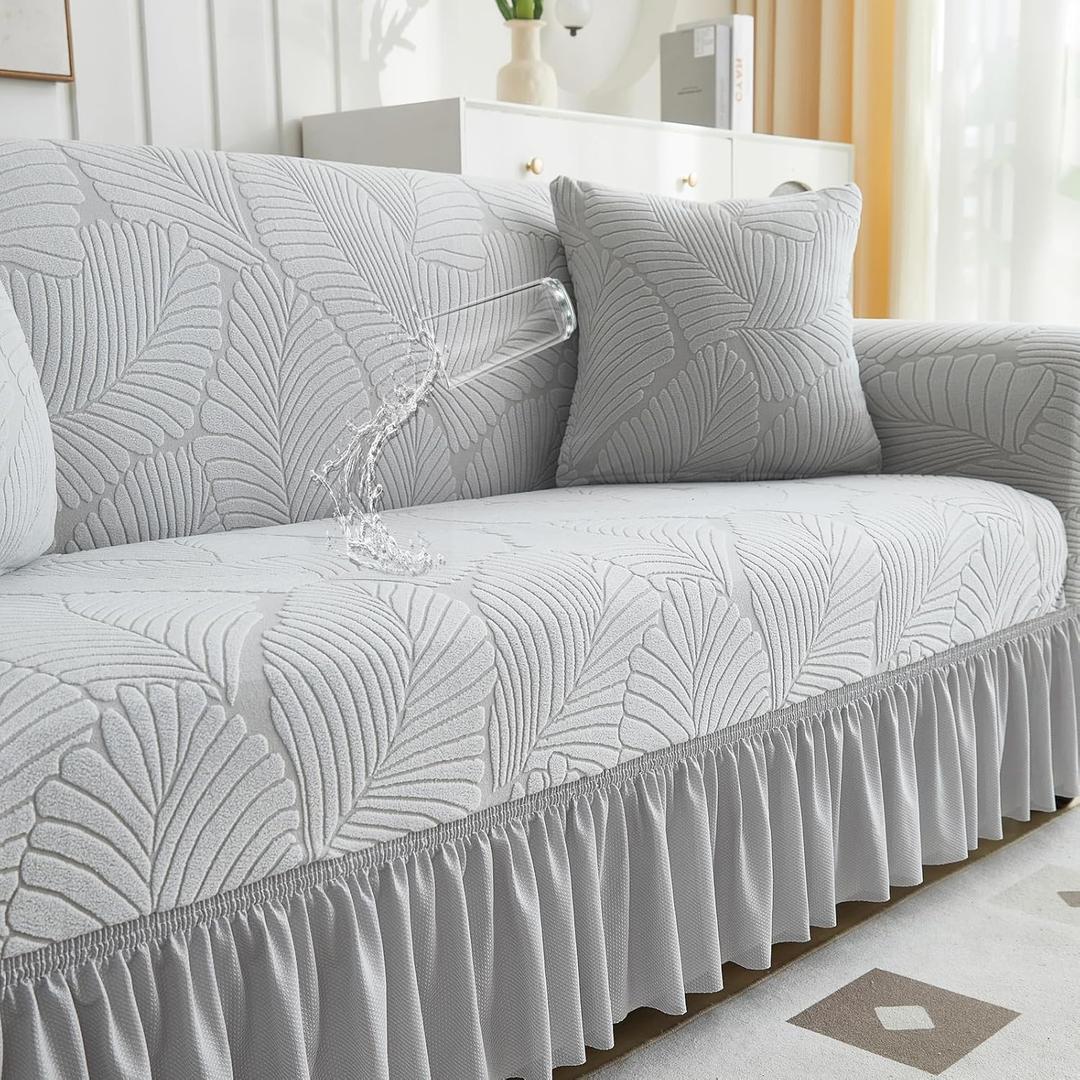 Stretch Velvet Sofa Slipcover, Cushion Couch Cover with Skirt, Pet Friendly Durable Washable Stretchable, Easy Fit Universal Furniture Protector, (66"-90",Light Gray)