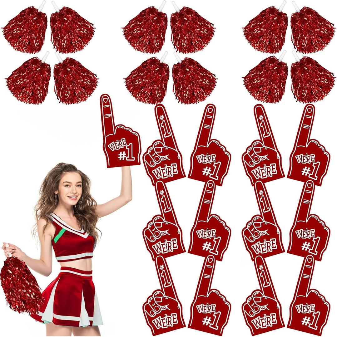 Leyndo 24 Pcs Giant Foam Finger and Pom Poms Cheerleading 18 in We're Number 1 Foam Hand Baseball Foam Fingers Team Cheer Foam Fan Finger for Sporting Events Games School Club Party