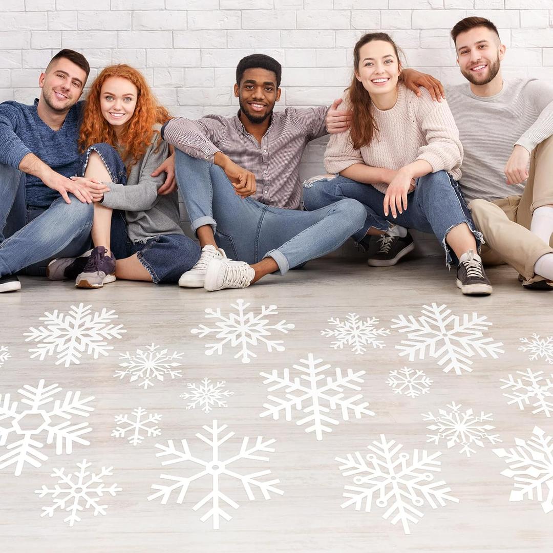 ForraFun 60 Pcs Winter Snowflake Floor Decal White Snowflake Floor Sticker Self Adhesive Wall Decal Removable Window Cling for Winter Holiday Party Supply