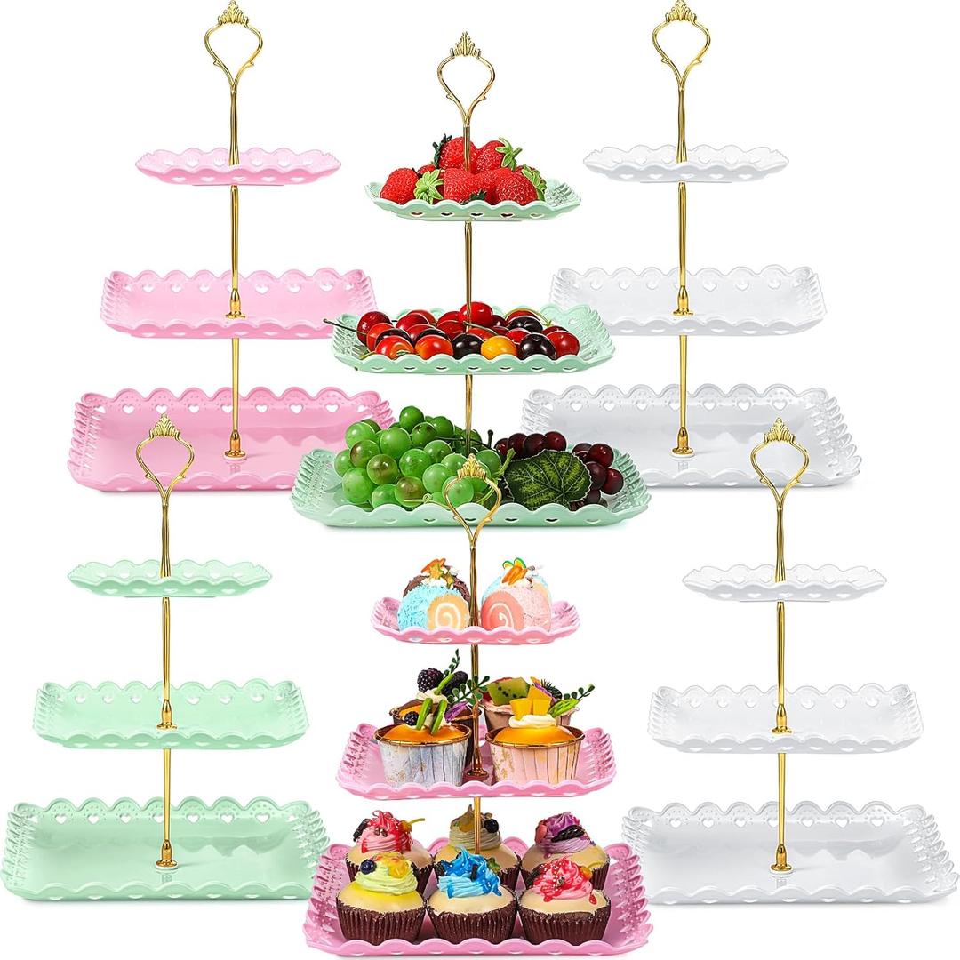 6 Sets Tea Party Decorations of 3 Tier Plastic Cupcake Stand Dessert Plates Cake Fruit Candy Display Tower for Wedding Birthday Baby Shower Tea Party Decorations(Square)