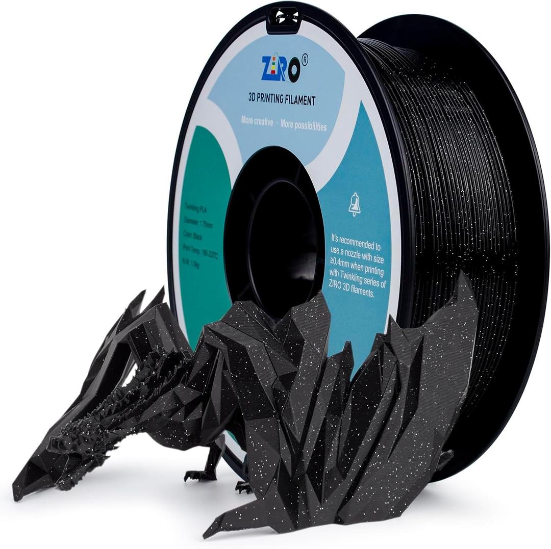 ZIRO Glitter PLA Filament 1.75mm, Sparkle Translucent 3D Printer Filament, Twinkle Series 2.2lbs Pure Color Spool, Neatly Wound, Fit Most FDM 3D Printers, Twinkling Black