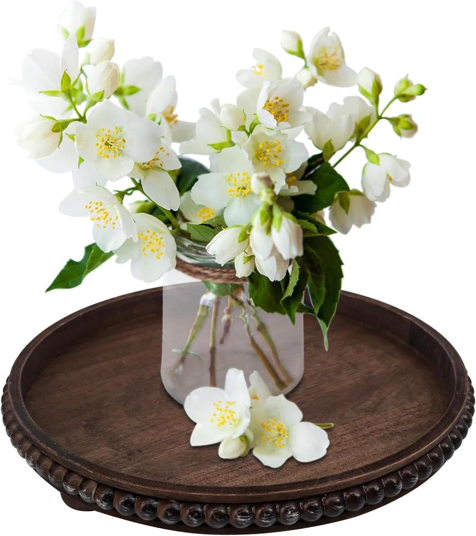 Wooden Serving Tray: 12in Brown Round Wood Butler Decorative Tray Candle Holder Trays Centerpiece Farmhouse Ottoman Tray for Decor Countertop Home Decor Accessories for Coffee Table