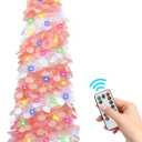 SINTENILL 6 FT Pop Up Christmas Tree with 100 LED Timer Lights & Remote, Pink White Collapsible Christmas Tinsel Tree Artificial Pencil Tree Xmas Decor for Holiday Home Office Party, USB Powered